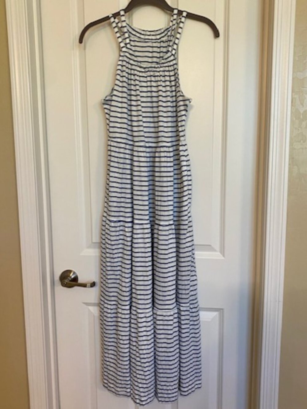 Max Studio Maxi Dress Tiered Smoke Waist Spaghetti Straps Striped Navy White S